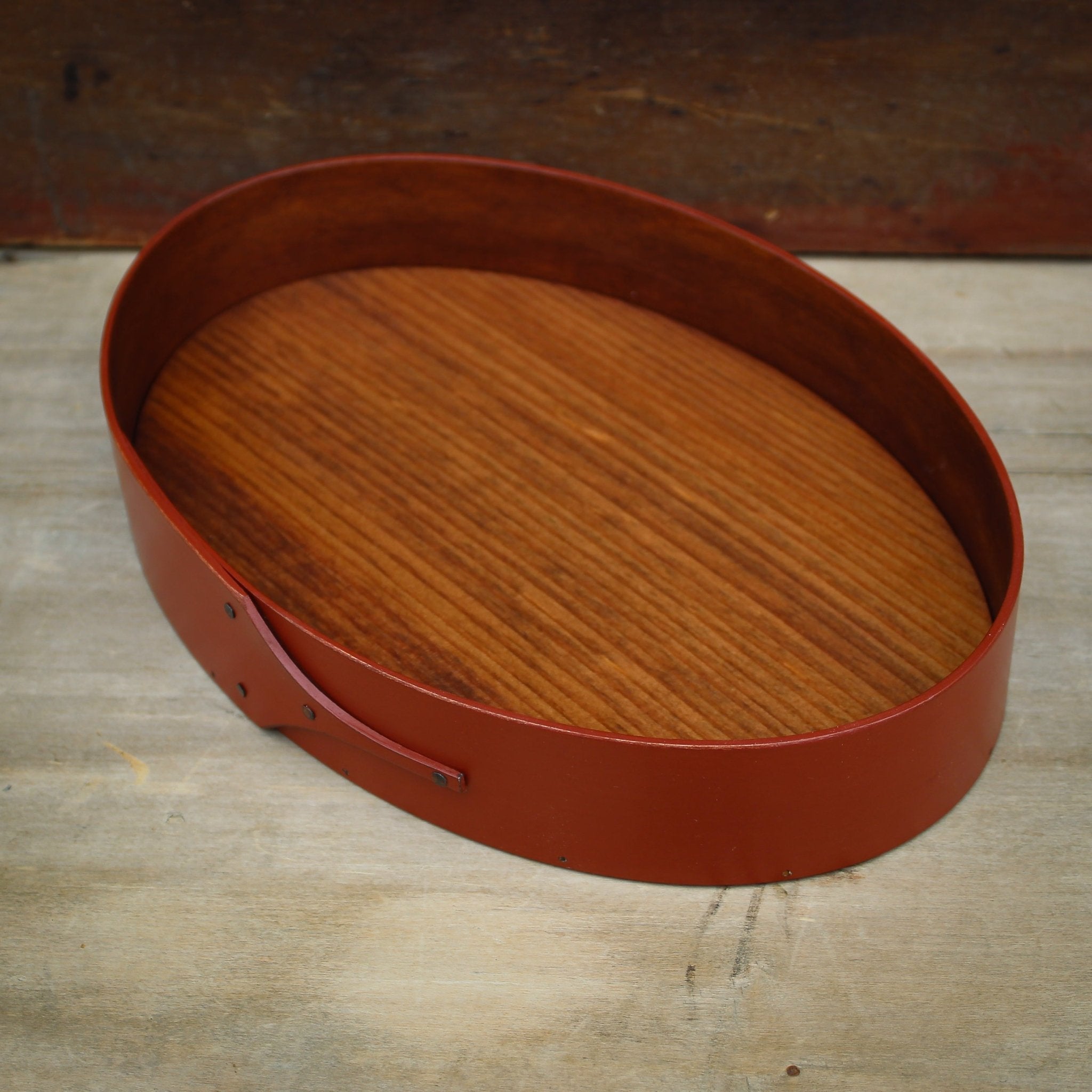 Shaker oval tray with red milk paint finish - handcrafted by LeHay’s Shaker Boxes