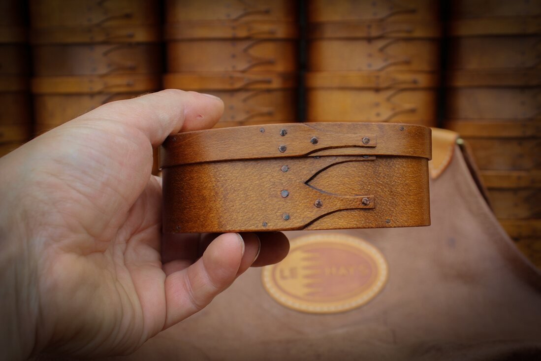 Handcrafted wooden oval shaker box for needlework, made in Maine, perfect as a sewing box.