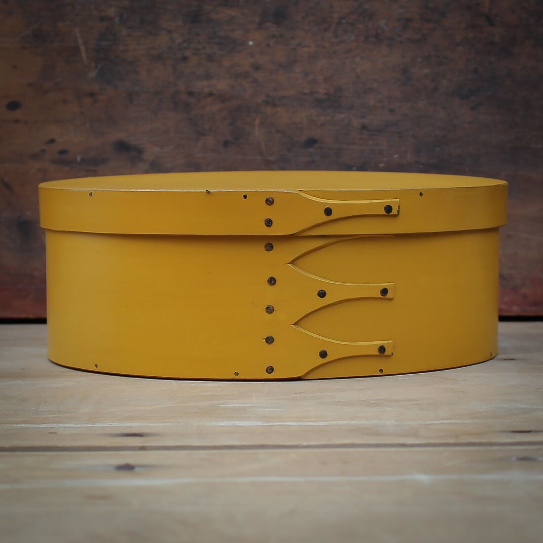 Handcrafted wooden oval Shaker box in yellow, perfect for sewing and needlework, made in Maine.