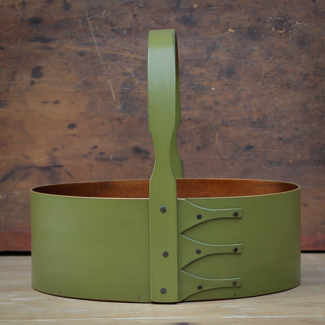 Handcrafted wooden Shaker carrier in green, perfect for sewing organization and craftroom decor, made in Maine.