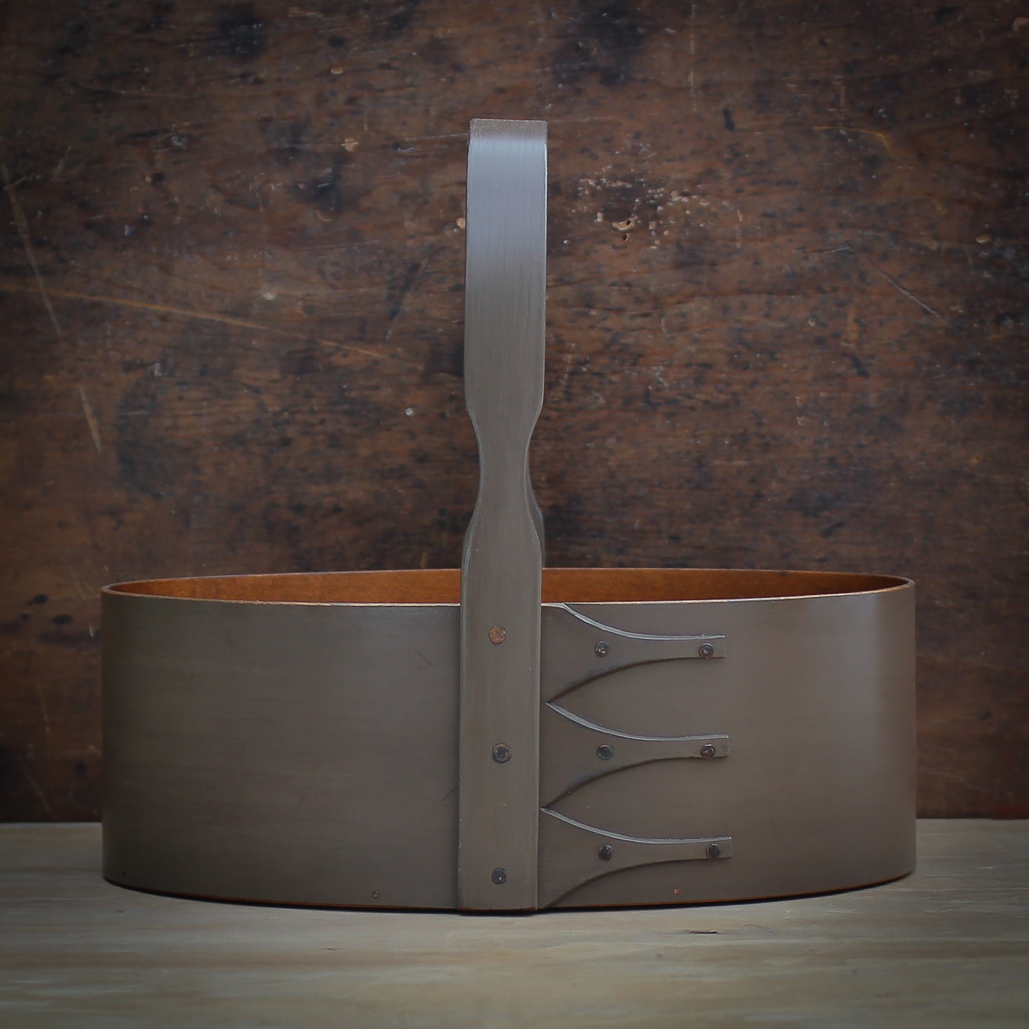 Handcrafted wooden shaker carrier from Maine, perfect for sewing organization and craftroom storage.