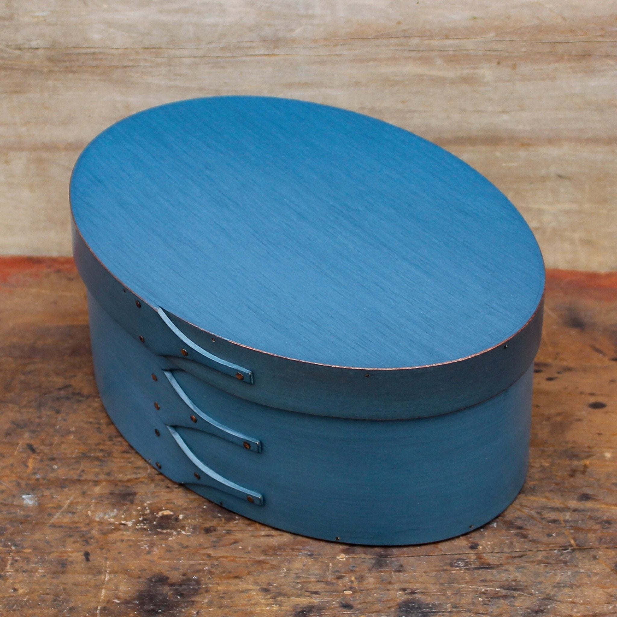 Handcrafted oval shaker box in blue, perfect for sewing and needlework, made in Maine.