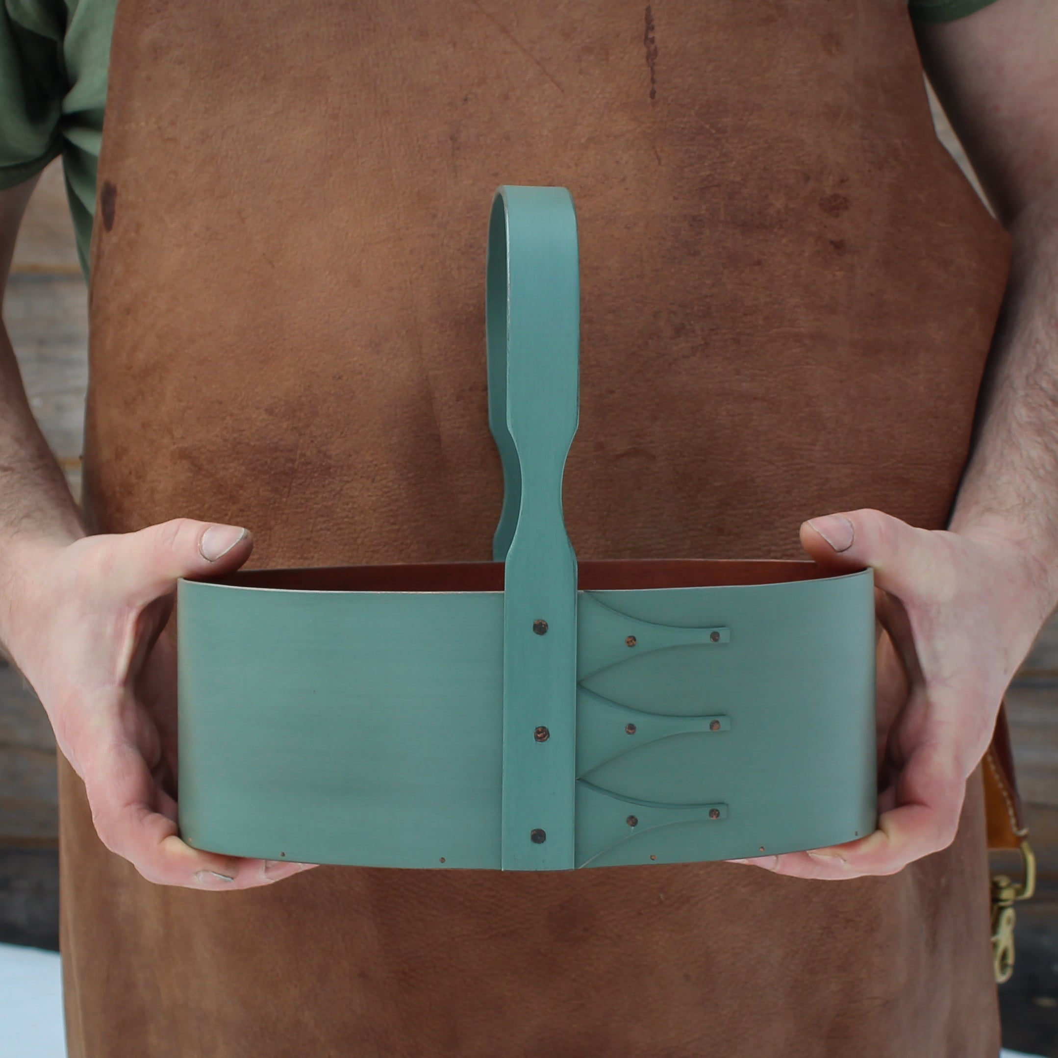 Handcrafted wooden shaker carrier from Maine, ideal for sewing and craftroom organization.