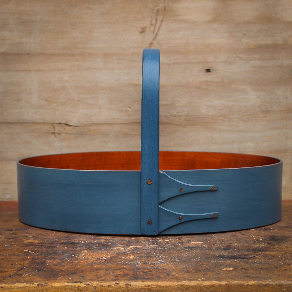 Large Shaker Style Sewing Carrier, LeHays Shaker Boxes, Handcrafted in Maine, Blue Milk Paint Finish, Front View