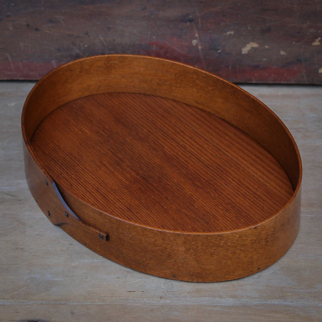 Shaker Style Oval Stitchers Tray, LeHays Shaker Boxes, Handcrafted in Maine, Antiqued Natural Finish, Side View