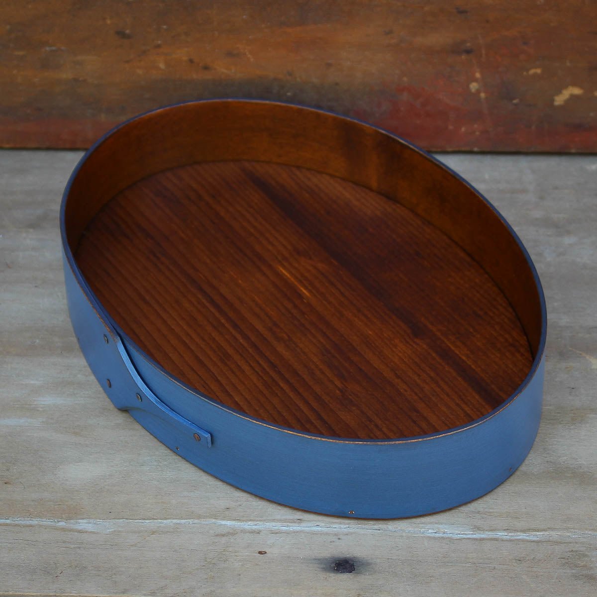 Shaker Style Oval Stitchers Tray, LeHays Shaker Boxes, Handcrafted in Maine, Blue Milk Paint Finish, Side View