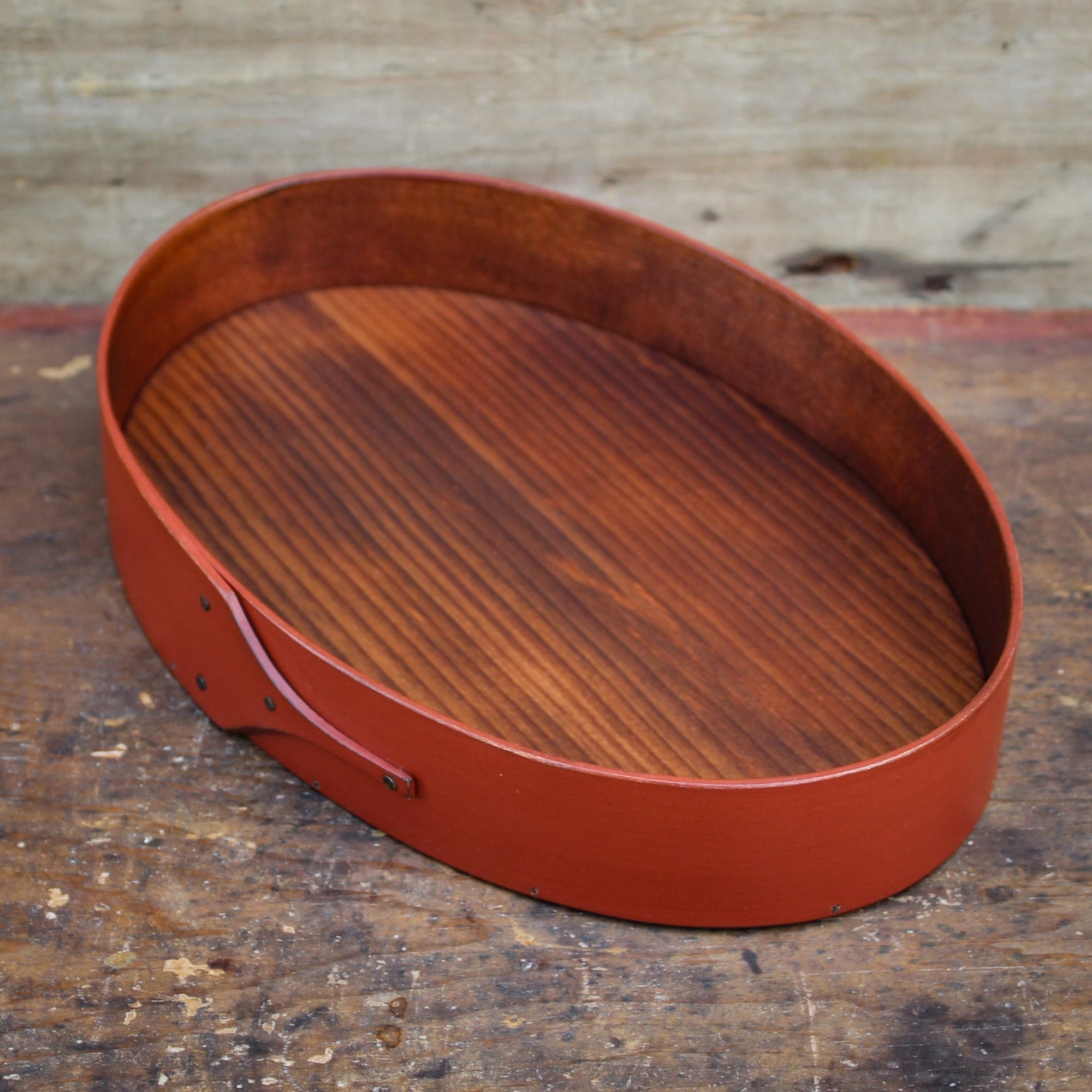 Shaker Style Oval Stitchers Tray, LeHays Shaker Boxes, Handcrafted in Maine, Red Milk Paint Finish, Side View