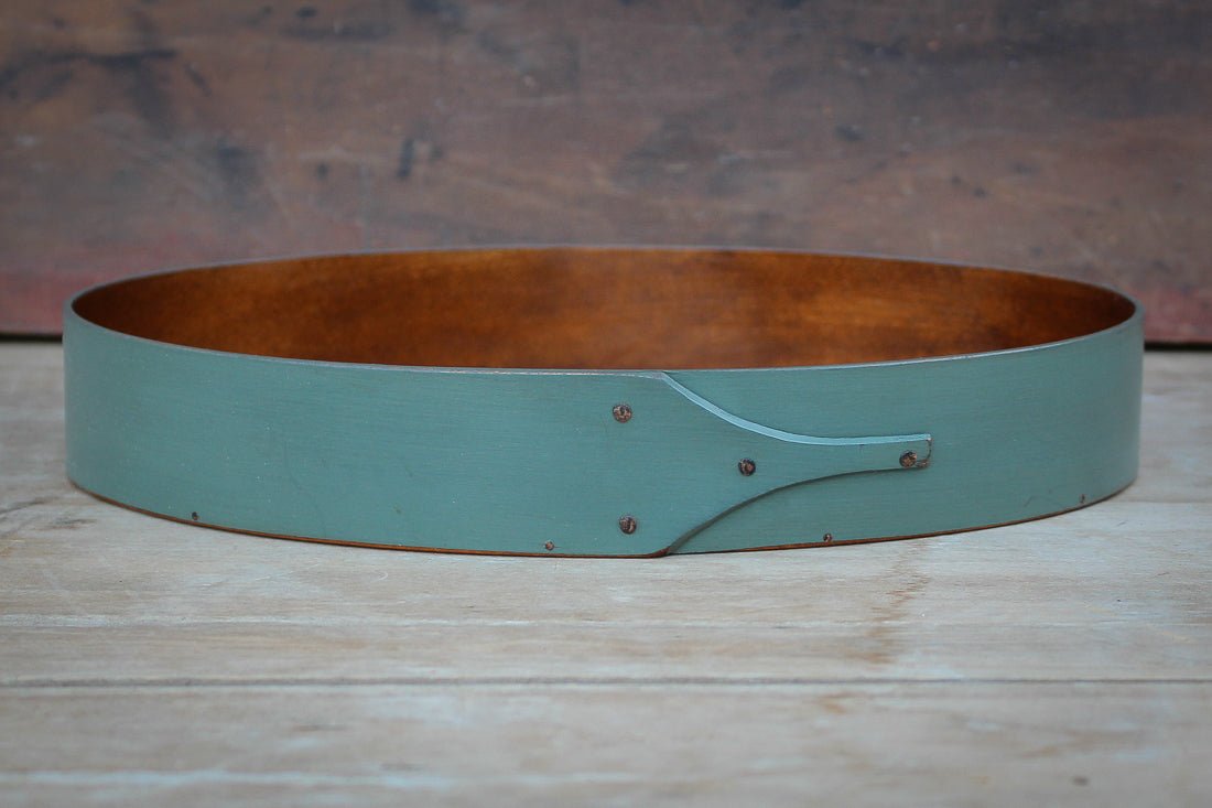 Shaker Style Oval Stitchers Tray, LeHays Shaker Boxes, Handcrafted in Maine, Sea Green Milk Paint Finish, Front View