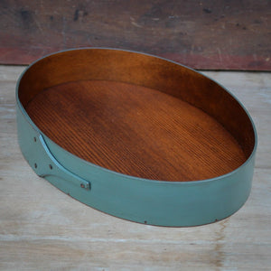 Shaker Style Oval Stitchers Tray, LeHays Shaker Boxes, Handcrafted in Maine, Sea Green Milk Paint Finish, Side View