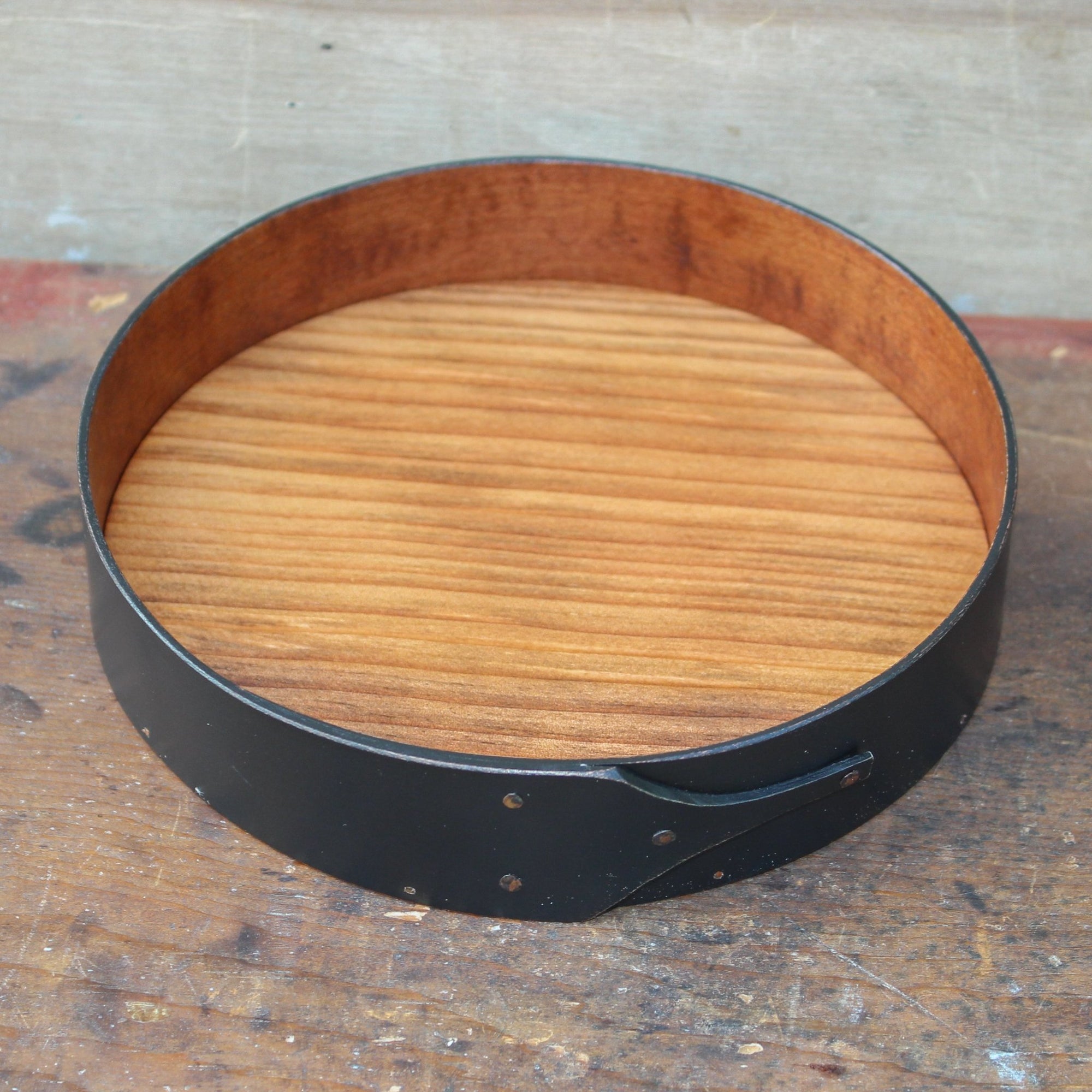 Shaker Style Round Stitchers Tray, LeHays Shaker Boxes, Handcrafted in Maine, Black Milk Paint Finish, Top View