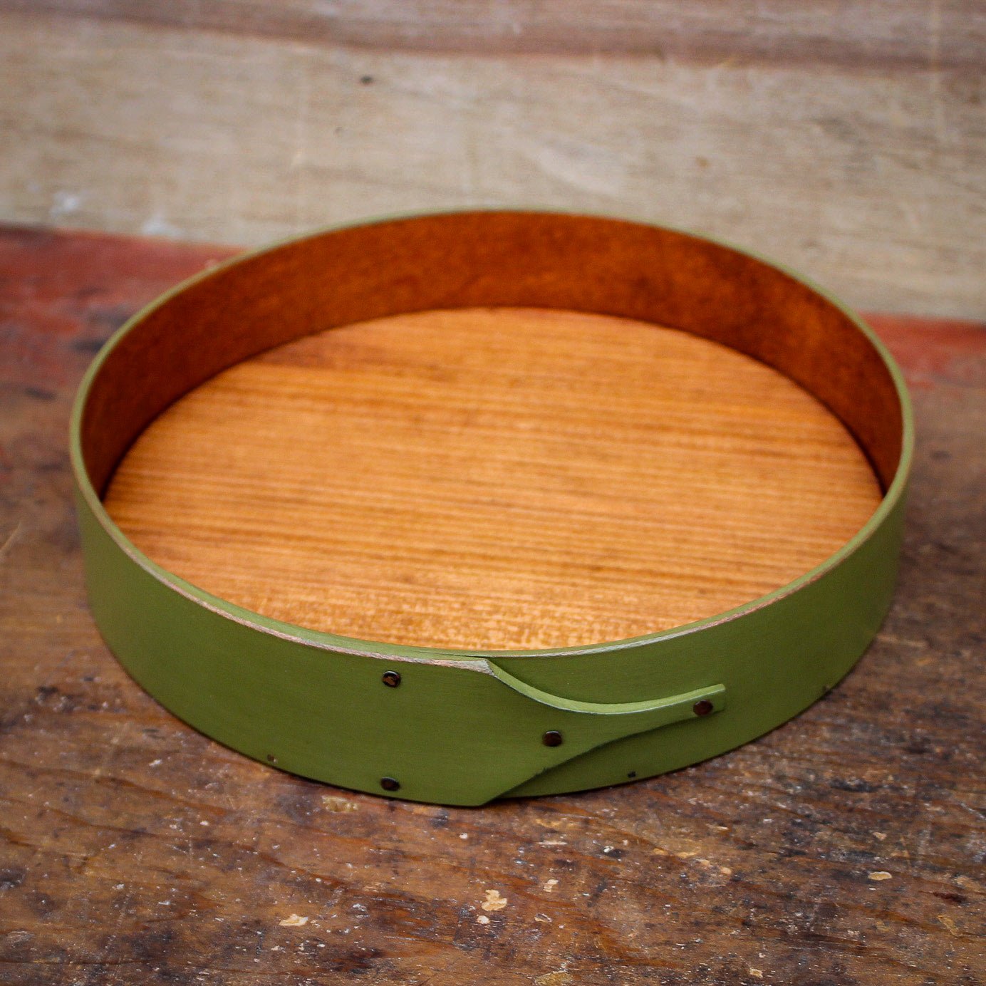 Shaker Style Round Stitchers Tray, LeHays Shaker Boxes, Handcrafted in Maine, Green Milk Paint Finish, Top View