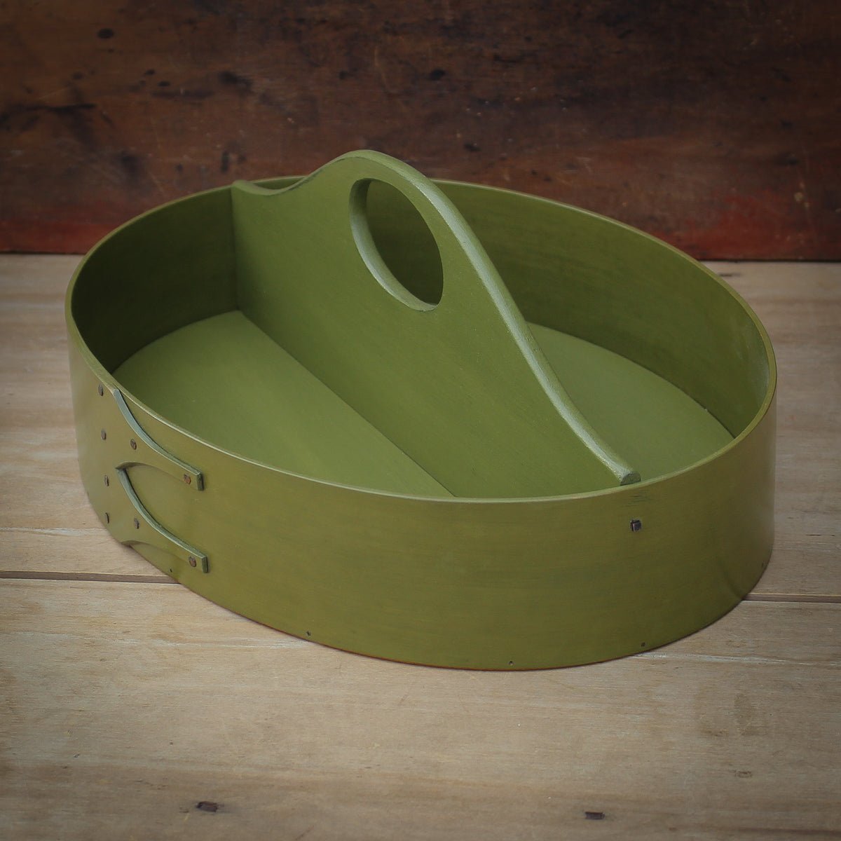 Shaker Style Divided Carrier, LeHays Shaker Boxes, Handcrafted in Maine, Green Milk Paint Finish, Side View