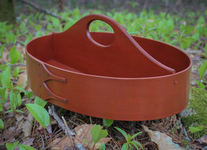 Shaker Style Divided Carrier, LeHays Shaker Boxes, Handcrafted in Maine, Red Milk Paint Finish, Shown Outdoors
