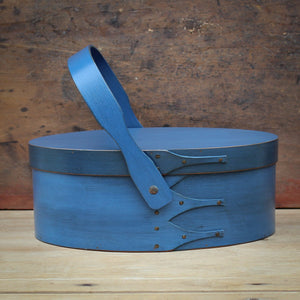 Shaker Style Swing Handle Carrier, LeHays Shaker Boxes, Handcrafted in Maine, Blue Milk Paint Finish, Front View