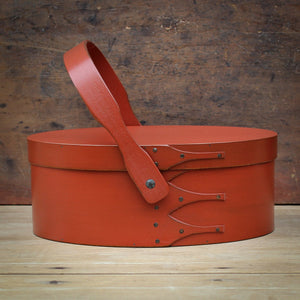 Shaker Style Swing Handle Carrier, LeHays Shaker Boxes, Handcrafted in Maine, Red Milk Paint Finish, Front View