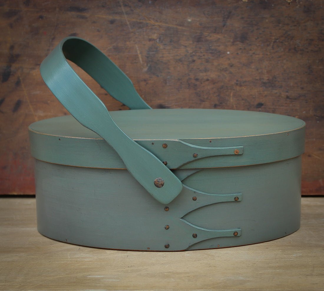 Shaker Style Swing Handle Carrier, LeHays Shaker Boxes, Handcrafted in Maine, Sea Green Milk Paint Finish, Front View