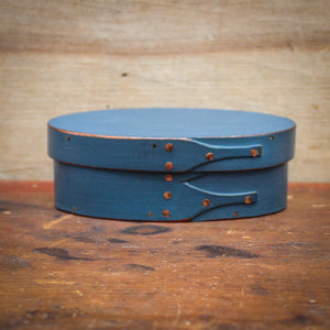 Shaker Oval Box, Size #0, LeHays Shaker Boxes, Handcrafted in Maine. Blue Milk Paint Finish, Front View