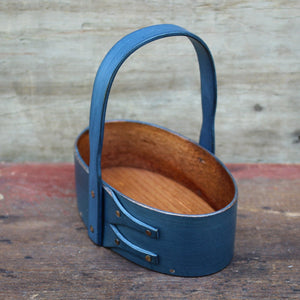 Shaker Carrier, Size #0, LeHays Shaker Boxes, Handcrafted in Maine.  Blue Milk Paint Finish, Side View