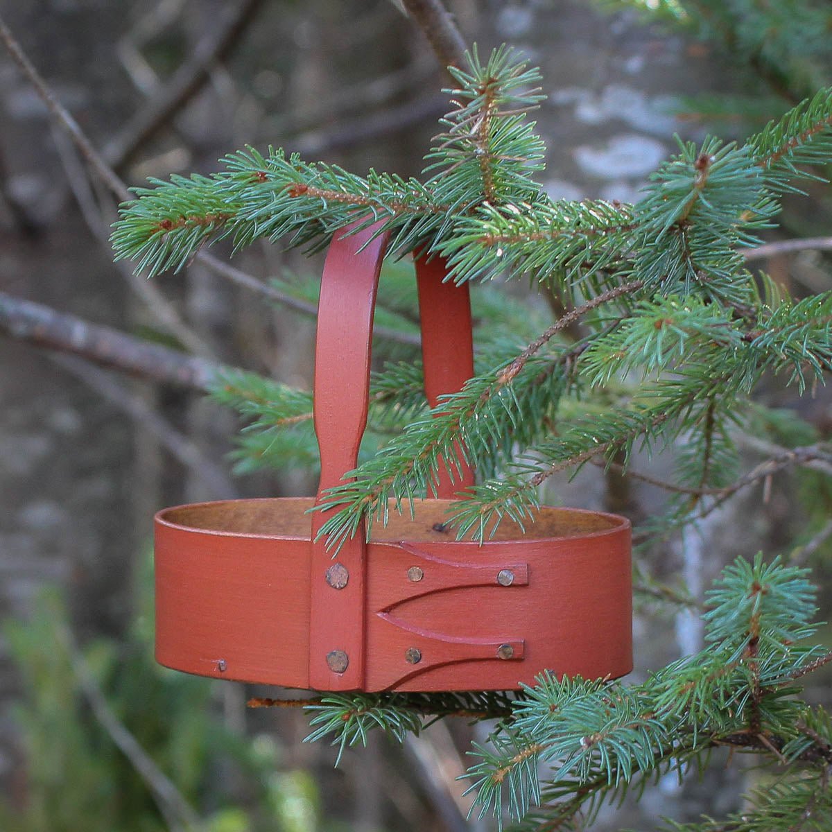 Shaker Carrier, Size #0, LeHays Shaker Boxes, Handcrafted in Maine.  Red Milk Paint Finish, Hanging on Christmas Tree