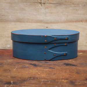 Shaker Oval Box, Size #1, LeHays Shaker Boxes, Handcrafted in Maine. Blue Milk Paint Finish, Front View