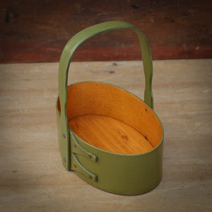 Shaker Carrier, Size #1, LeHays Shaker Boxes, Handcrafted in Maine.  Green Milk Paint Finish, Side View