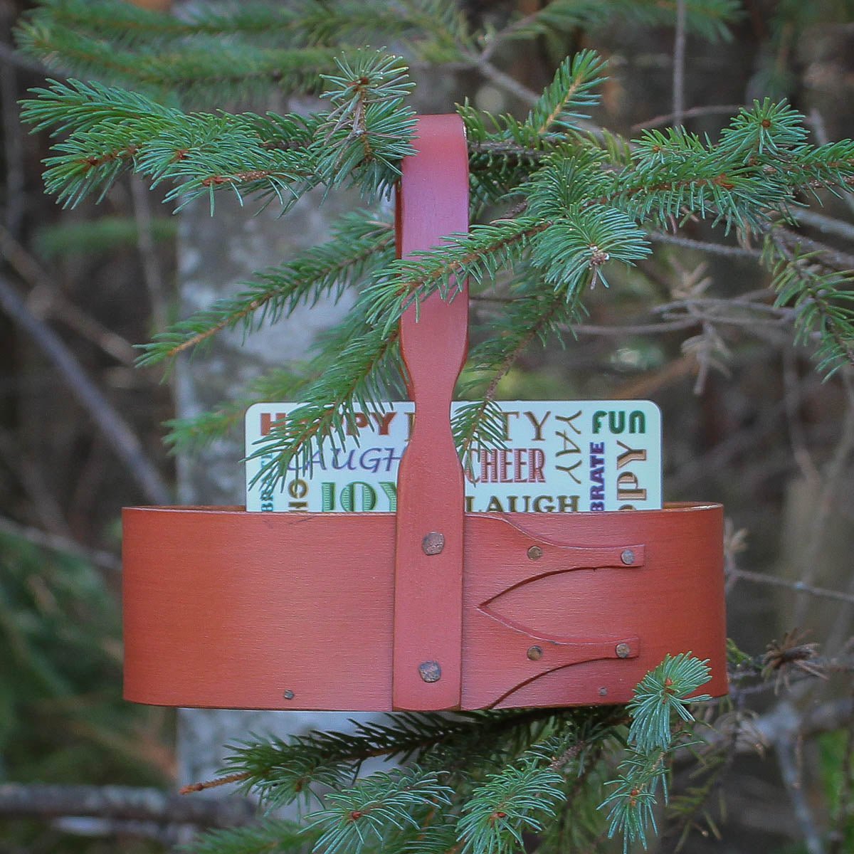 Shaker Carrier, Size #1, LeHays Shaker Boxes, Handcrafted in Maine.  Red Milk Paint Finish,  Hanging in Christmas Tree
