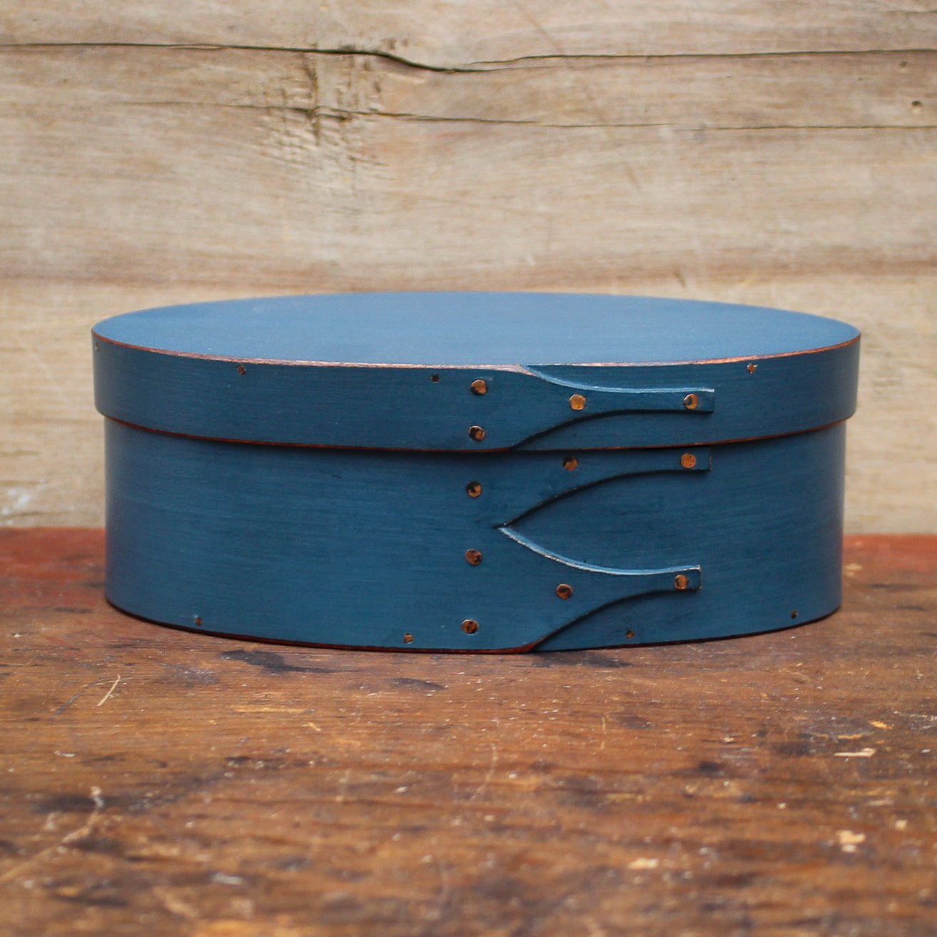 Shaker Oval Box, Size #2, LeHays Shaker Boxes, Handcrafted in Maine. Blue Milk Paint Finish, Front View