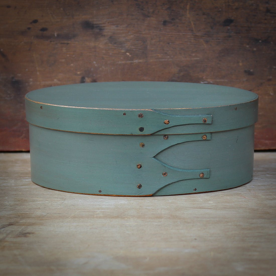 Shaker Oval Box, Size #2, LeHays Shaker Boxes, Handcrafted in Maine.  Sea Green Milk Paint Finish, Front View
