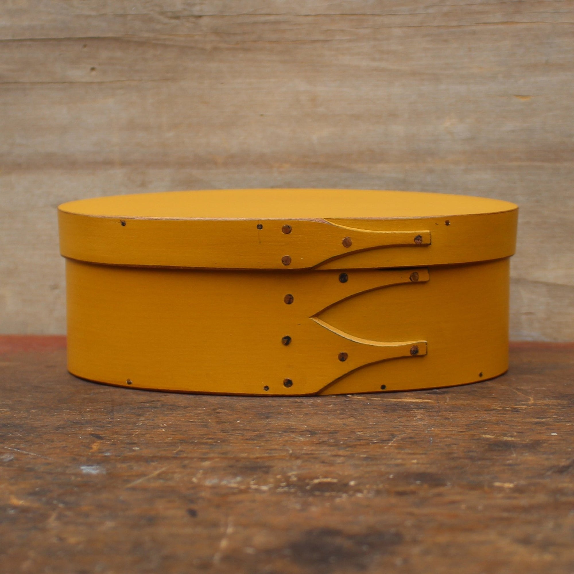 Shaker Oval Box, Size #2, LeHays Shaker Boxes, Handcrafted in Maine.  Yellow Milk Paint Finish, Front View