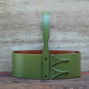 Shaker Carrier, Size #2, LeHays Shaker Boxes, Handcrafted in Maine.  Green Milk Paint Finish, Front View