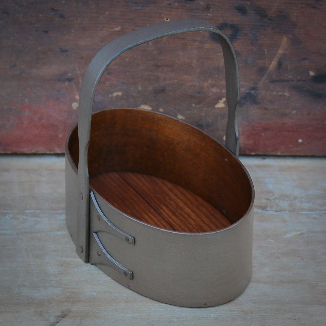Shaker Carrier, Size #2, LeHays Shaker Boxes, Handcrafted in Maine.  Grey Milk Paint Finish, Side View