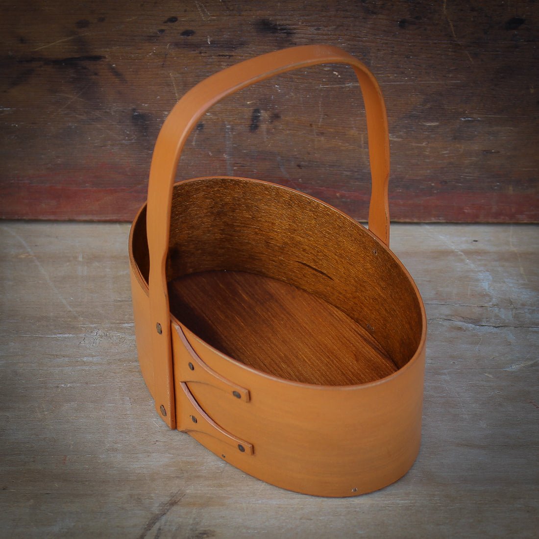 Shaker Carrier, Size #3, LeHays Shaker Boxes, Handcrafted in Maine.  Pumpkin Milk Paint Finish, Side View
