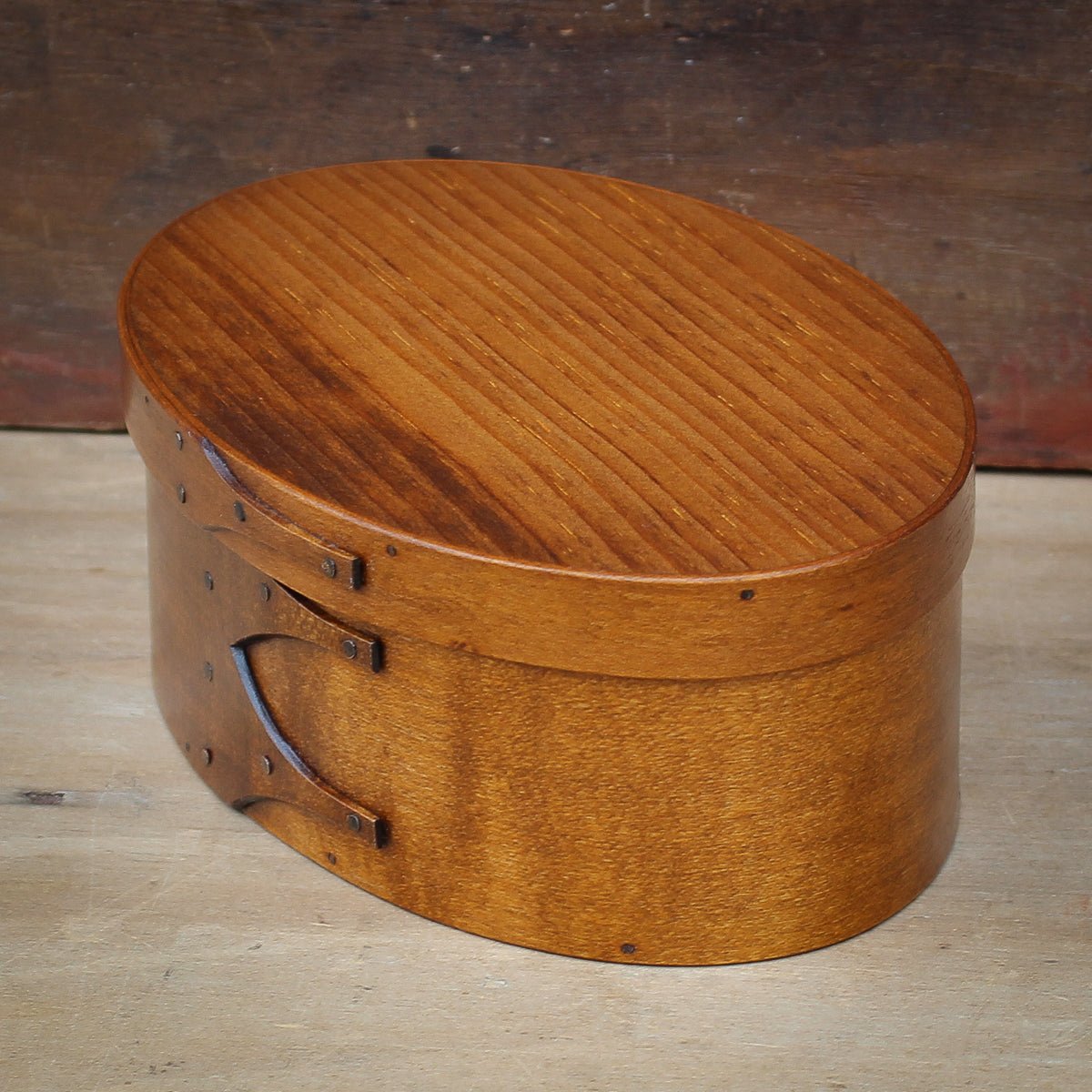 Shaker Oval Box, Size #3, LeHays Shaker Boxes, Handcrafted in Maine.  Antiqued Natural Finish, Side View