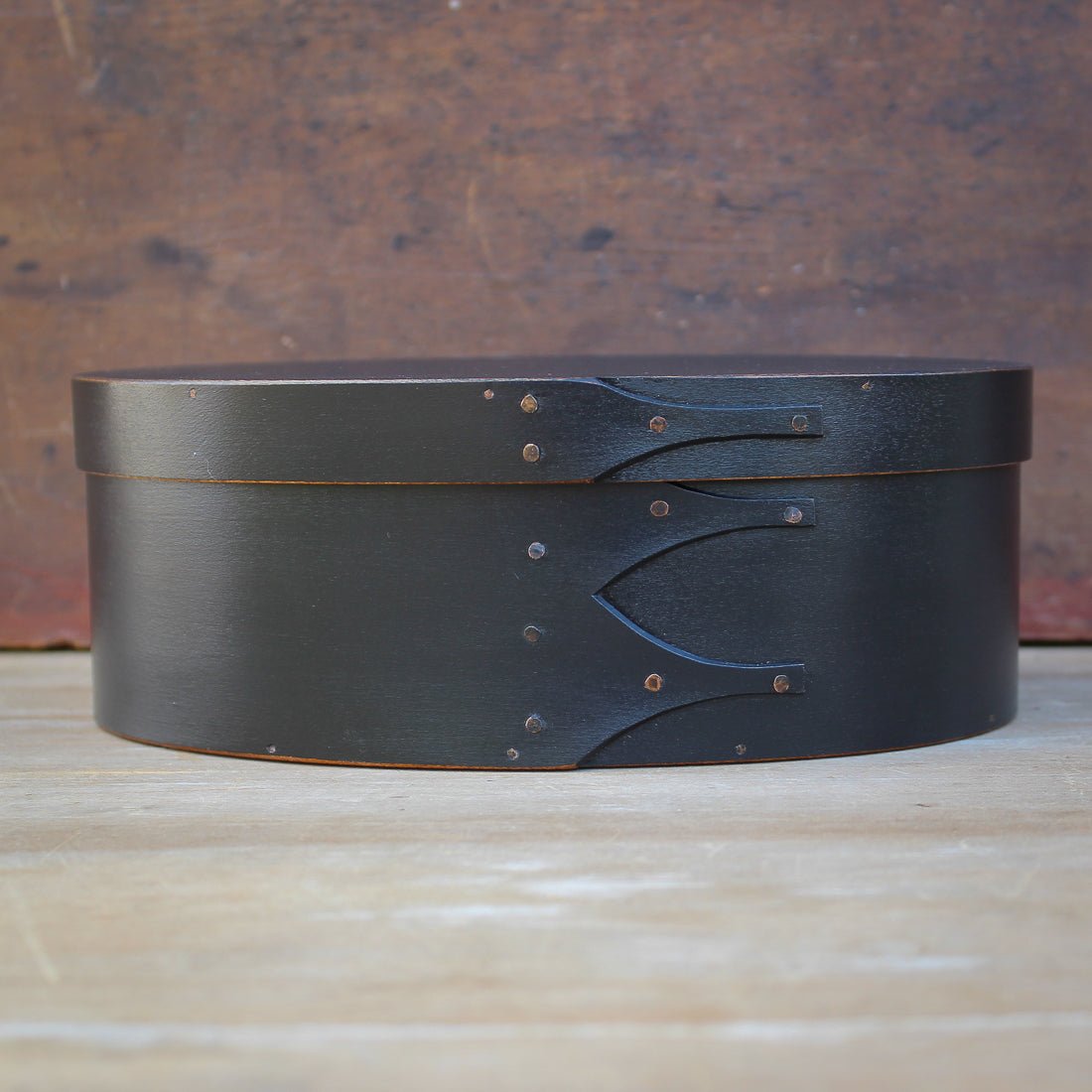 Shaker Oval Box, Size #3, LeHays Shaker Boxes, Handcrafted in Maine.  Black Milk Paint Finish, Front View