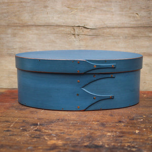 Shaker Oval Box, Size #3, LeHays Shaker Boxes, Handcrafted in Maine. Blue Milk Paint Finish, Front View