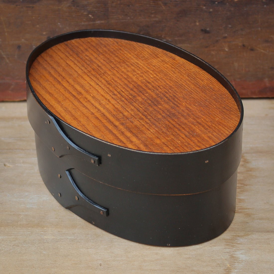 Shaker Oval Box with Recessed Lid for Needlework, Size #3, LeHays Shaker Boxes, Black Milk Paint Finish, Side View
