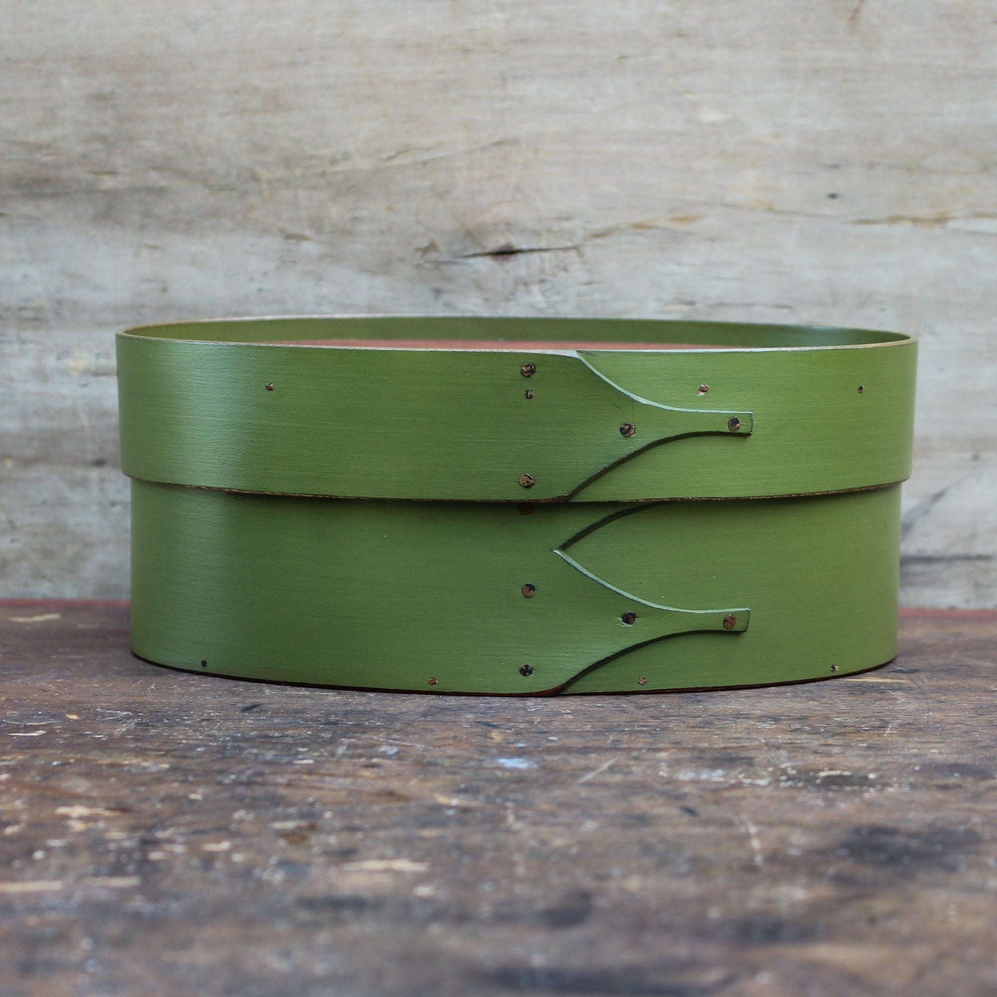 Shaker Oval Box with Recessed Lid for Needlework, Size #3, LeHays Shaker Boxes, Green Milk Paint Finish, Front View