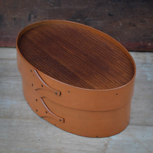 Shaker Oval Box with Recessed Lid for Needlework, Size #3, LeHays Shaker Boxes, Pumpkin Milk Paint Finish, Side View