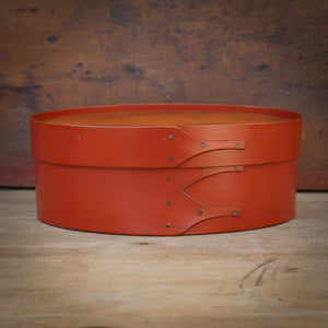 Shaker Oval Box with Recessed Lid for Needlework, Size #3, LeHays Shaker Boxes, Red Milk Paint Finish, Front View