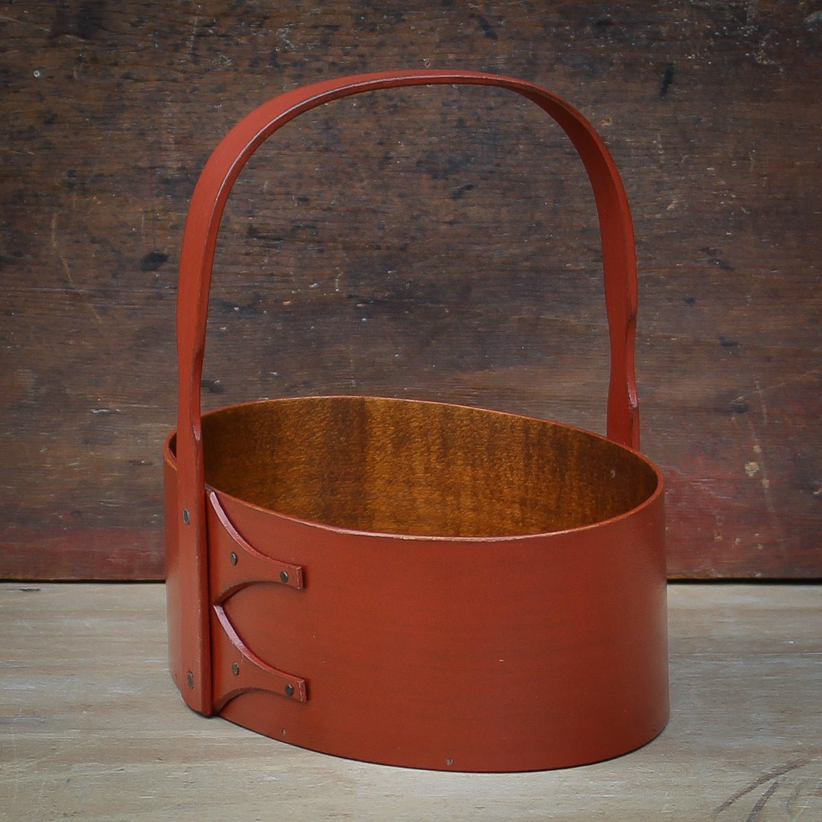 Shaker Carrier, Size #3, LeHays Shaker Boxes, Handcrafted in Maine.  Red Milk Paint Finish, Side View