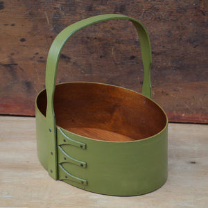 Shaker Carrier, Size #4, LeHays Shaker Boxes, Handcrafted in Maine, Green Milk Paint Finish, Side View