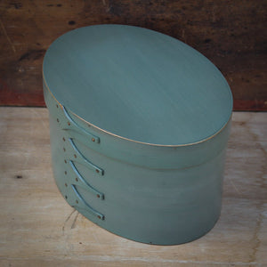 Shaker Oval Box, Size #5 Tall, LeHays Shaker Boxes, Handcrafted in Maine.  Sea Green Milk Paint Finish, Side View