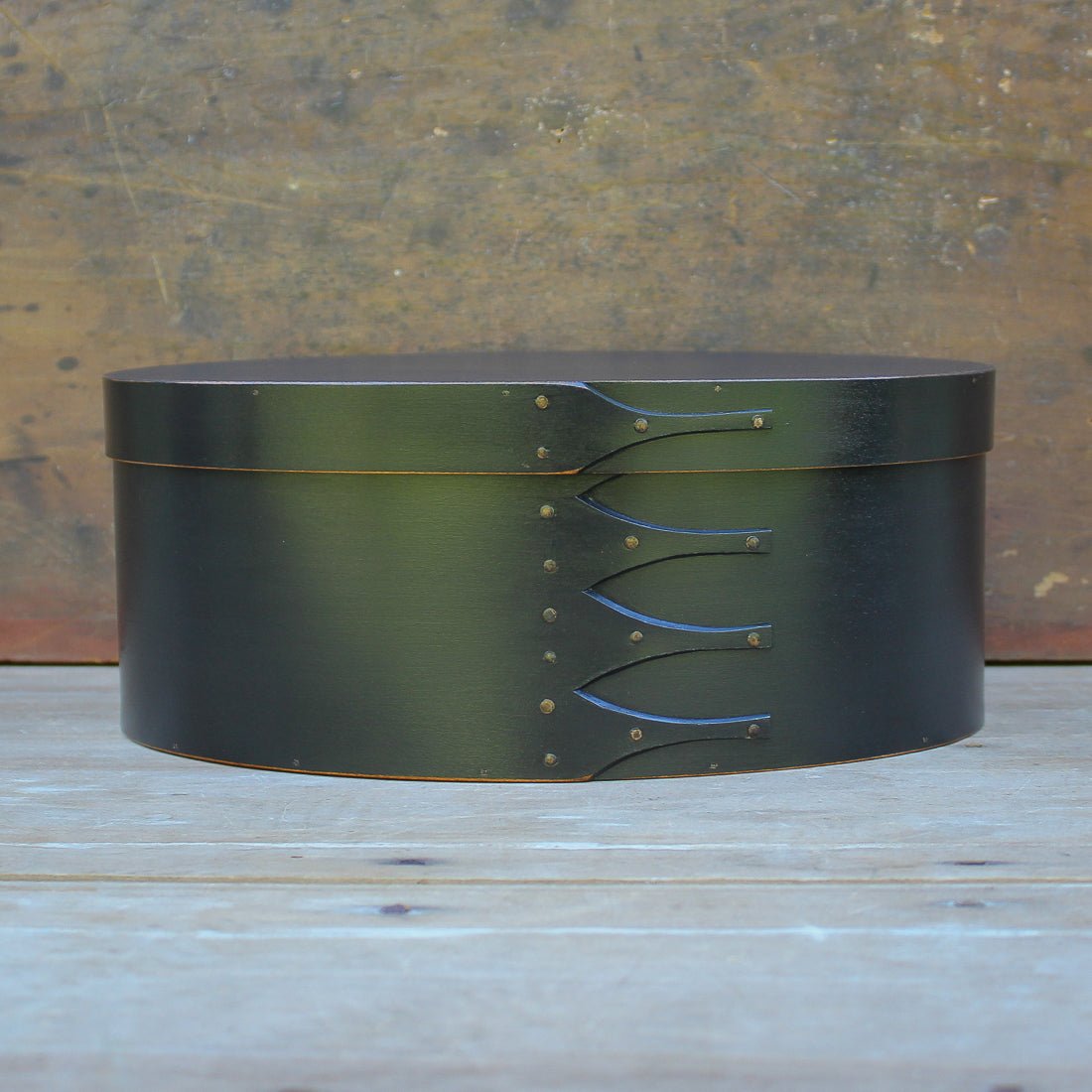 Shaker Oval Box, Size #6, LeHays Shaker Boxes, Handcrafted in Maine.  Black Milk Paint Finish, Front View