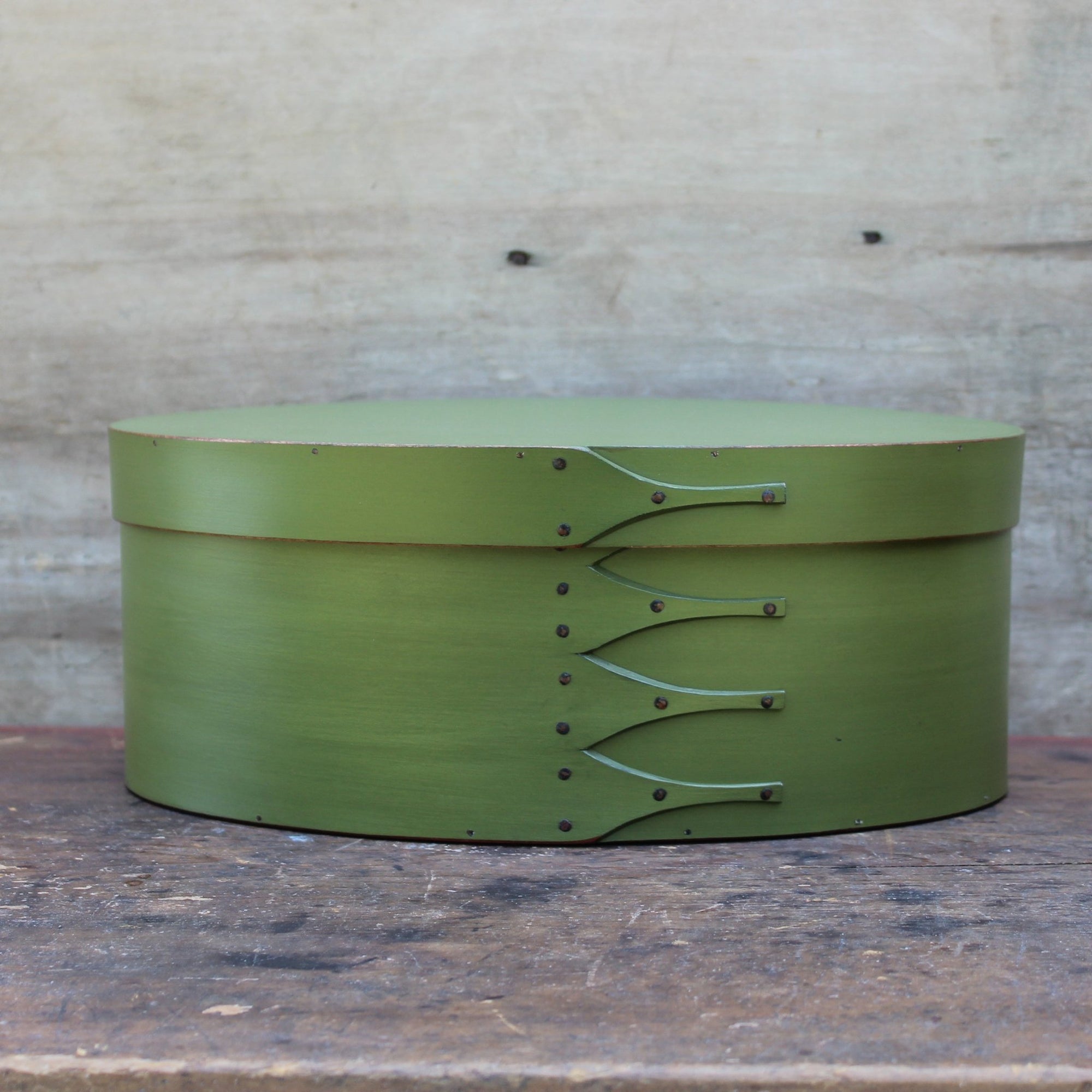 Shaker Oval Box, Size #6, LeHays Shaker Boxes, Handcrafted in Maine. Green Milk Paint Finish, Front View