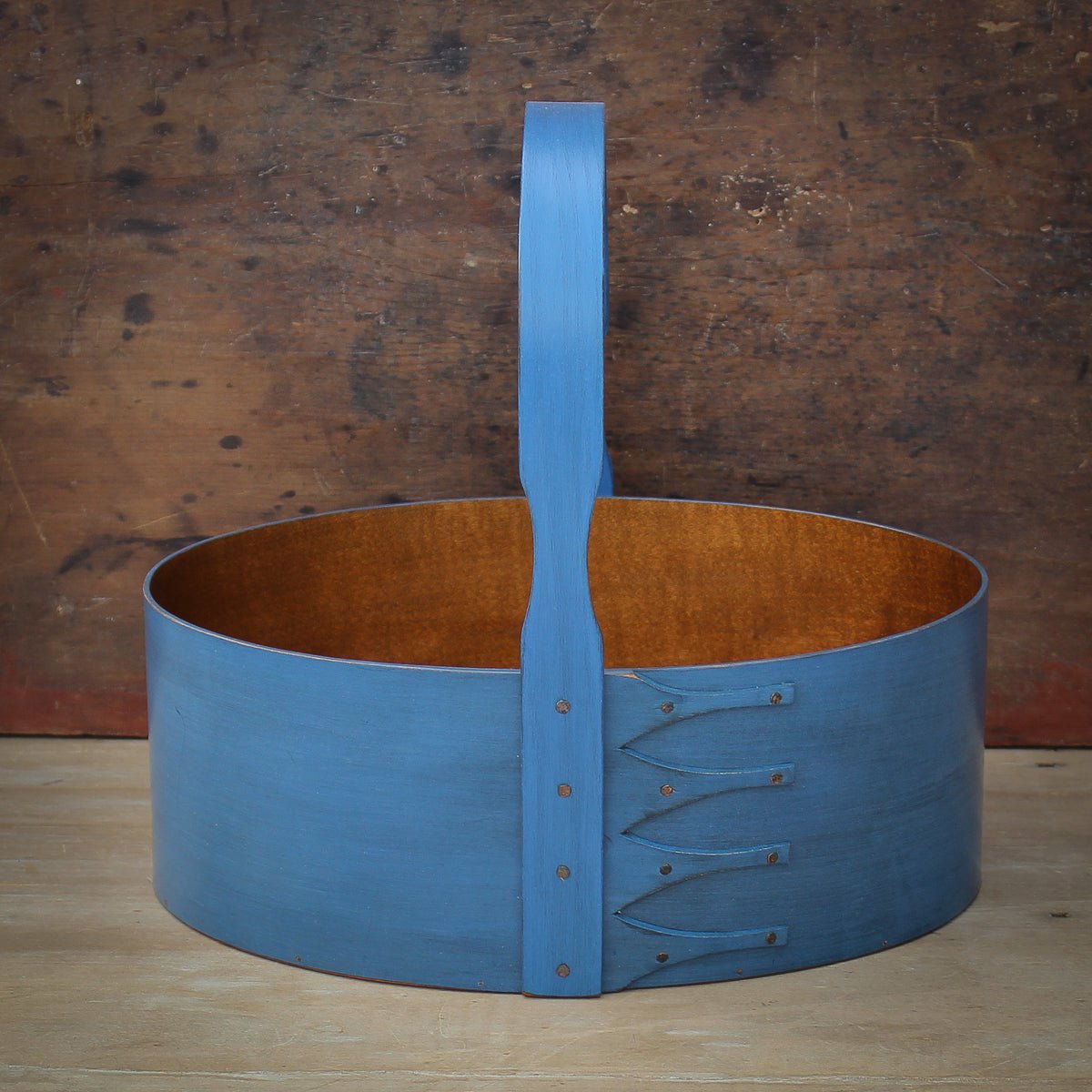 Shaker Carrier, Size #6, LeHays Shaker Boxes, Handcrafted in Maine, Blue Milk Paint Finish, Front View