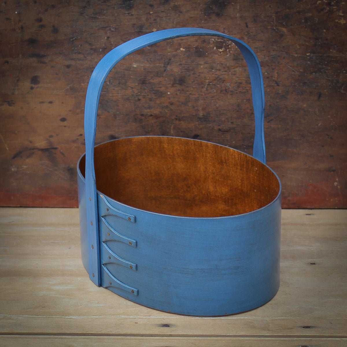 Shaker Carrier, Size #6, LeHays Shaker Boxes, Handcrafted in Maine, Blue Milk Paint Finish, Side View