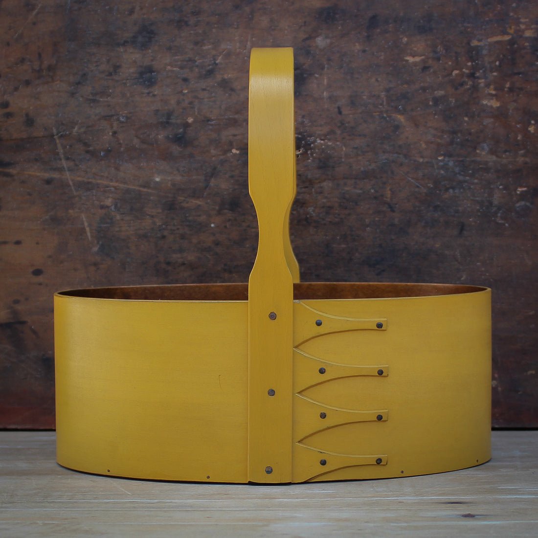Shaker Carrier, Size #6, LeHays Shaker Boxes, Handcrafted in Maine, Yellow Milk Paint Finish, Front View
