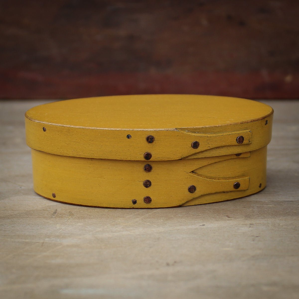 Shaker Oval Box, Size #0, LeHays Shaker Boxes, Handcrafted in Maine.  Yellow Milk Paint Finish, Front View